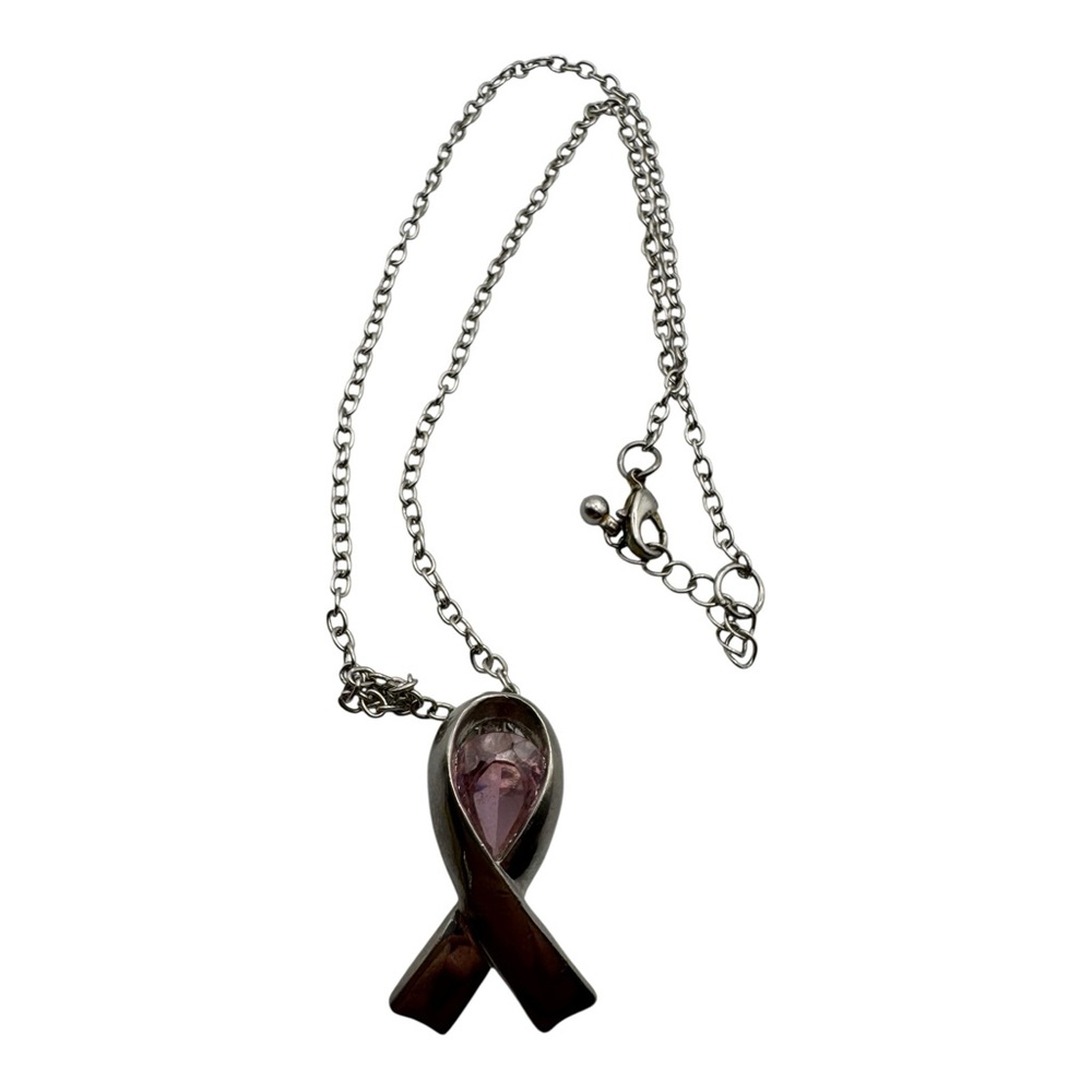 Simon Chang‎ Pink Ribbon Necklace Awareness Pendant Silver Tone
